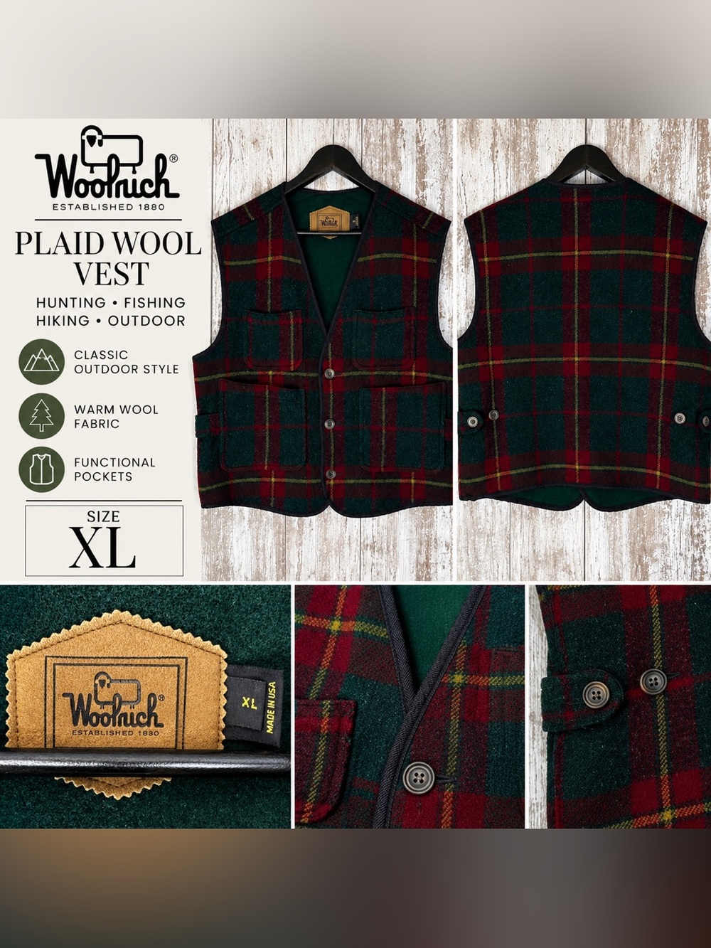 Woolrich Plaid Wool Hunting Fishing Vest Men’s XL Made in USA Outdoor